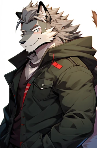 1man, solo, Focused on Right Side of the character , A Very Muscular Furry style Gray Wolf. he is wearing A Full long armed Dark Green Soldier suit Outfit, his hand are in his pocket, White Background, Simple Background, he have a very long tail. His hair is little spikey and little messy. He have A gray hair. He have a little smile with Full-face blushes on 'his face in shyness. he is looking at the viewer. he have no hats on, he have gray eyes, Almost Full body