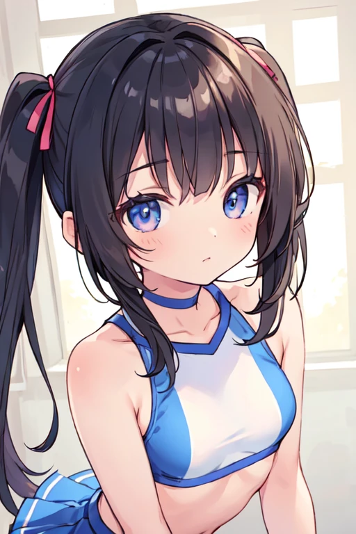 (best quality, masterpiece:1.2), ultra detailed, extremely detailed eyes and face, natural skin texture, detailed skin, natural lighting,
 chibi, 1 girl, 14-years-old, (cute),
 twin tails, shiny hair,
 (small breasts),
 BREAK cheerleader,
 upper body,