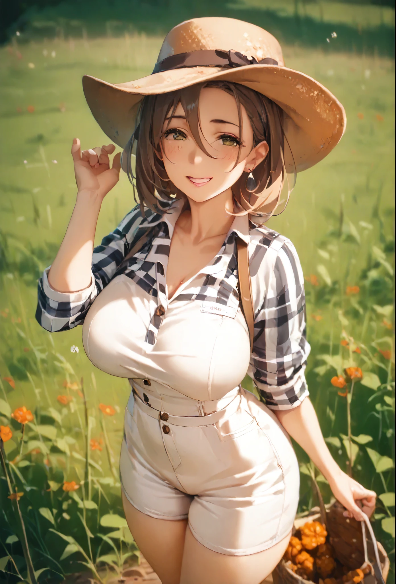 (masterpiece), best quality, expressive eyes, perfect face, 1girl, mrsturner as farmer in a pumpkin field, smiling, scenary, intricated sexy small farmer outfit, curvy body, milf, Warm Lighting Style