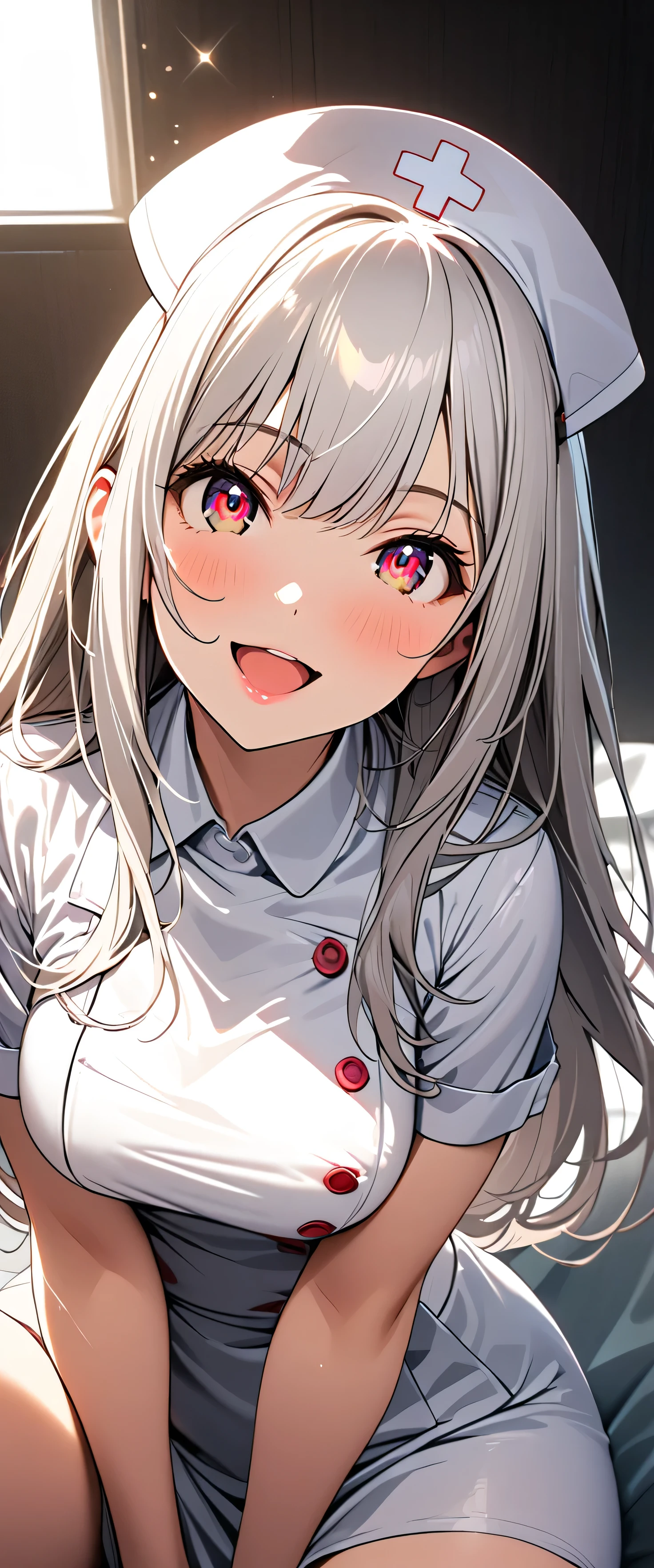 (beautiful girl: 1.3),1girl,masterpiece,Highest quality,Ultra-high resolution,rich contrast,super high quality,8k,Highly detailed CG unit wallpaper,texture,Incredibly absurd,RAW Photos,Highest quality anime,Depth of Field 1.2,Ultra-detailed eyes,Glowing Skin,Glitter effect,Beautiful glossy lips,(Silver-white hair,Long Hair),Red Eyes,nurse uniform,Nurse working at the hospital,exceptional smile,white nurse uniform,Large Breasts,Big Round Ass,Sit and pose,Big smile,Open your mouth wide,Leaning forward,Looking up,Tilt your head,(close up:1.5)