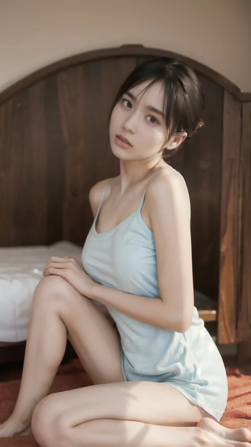 (((Highest quality,Very detailed,masterpiece,Very detailed))) ,(((Bend your knees))),loose breast,See-through,camisole,one piece,barefoot,One Girl,Realistic,Lying down,Bedroom、Looks sleepy