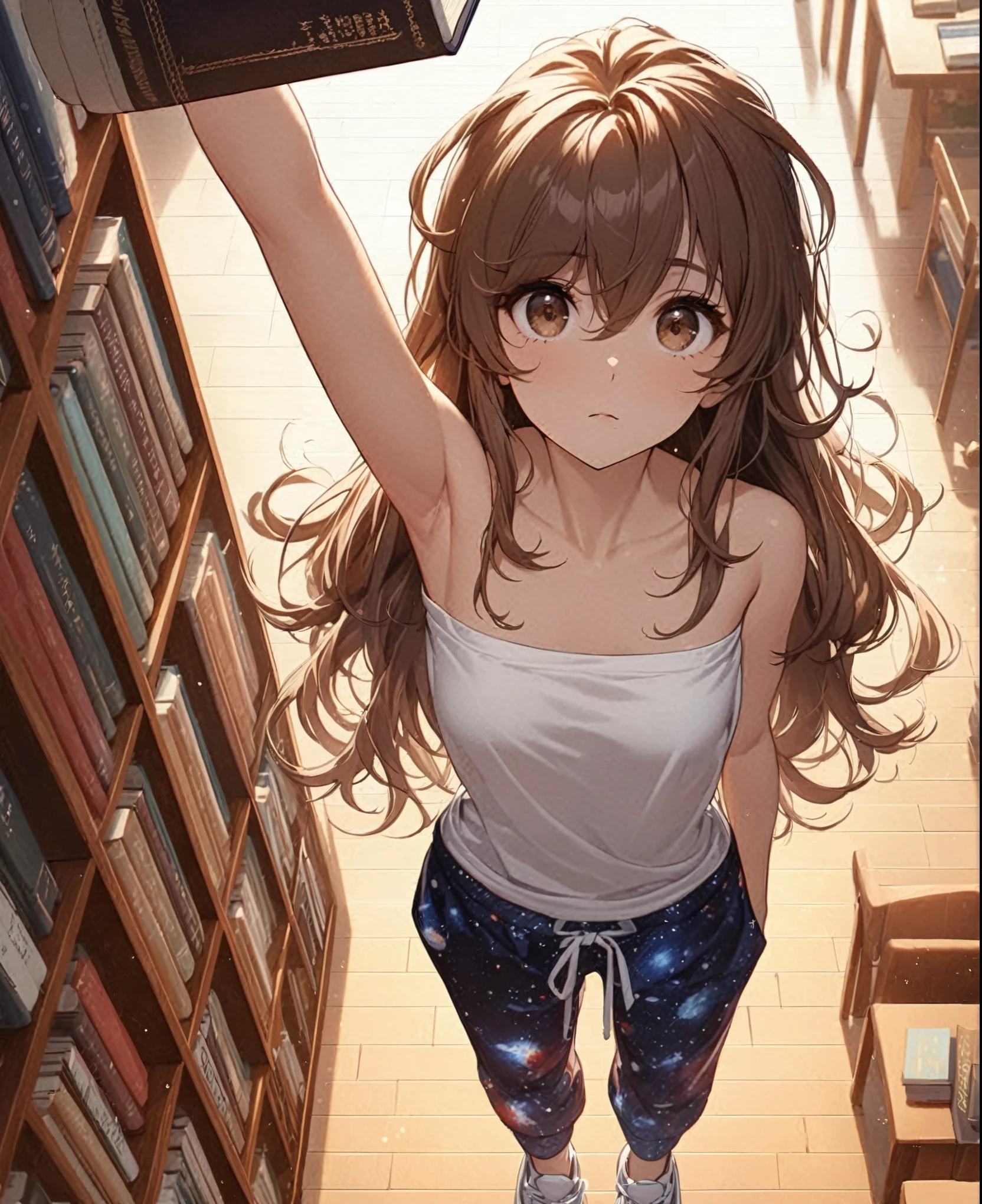 Anime girl with long hair holding a book in a library - SeaArt AI