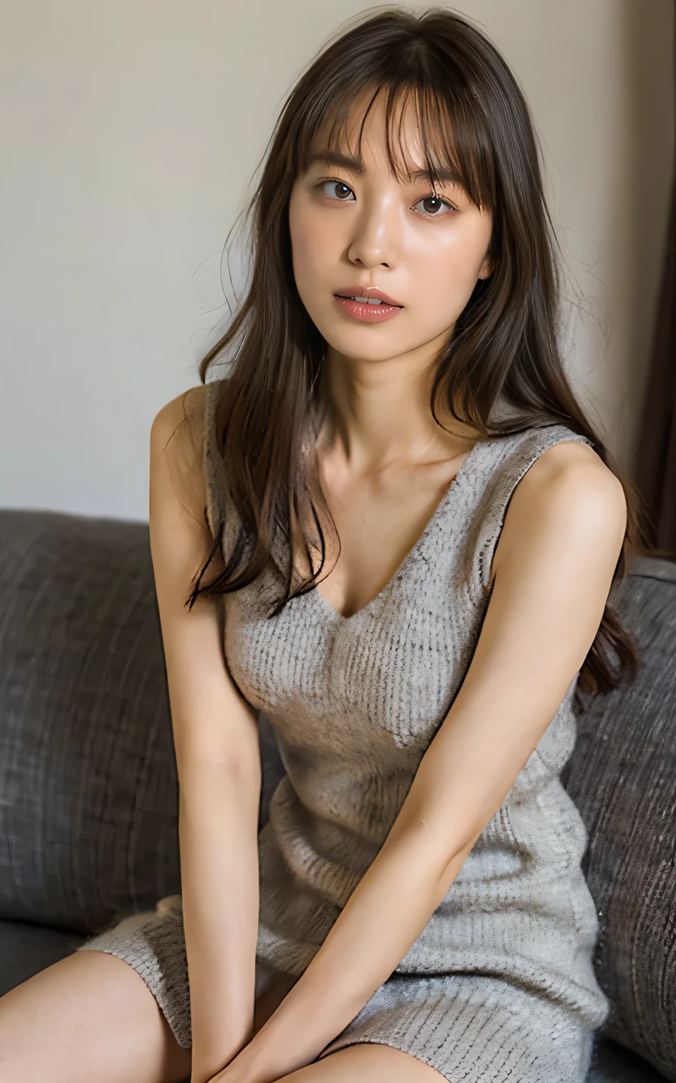 (Boldware, thin, gray, Sleeveless knit dress:1.5), (Very good, The shape of the nipple is visible,Beautiful thighs, Ultra-detailed skin,Small pores in the skin:1.5), ((She is sitting on the sofa with her legs stretched out, She leaned forward.、Press your chest against him, She presses her breasts against I, She presses her lips together to seduce me, Her face is&#39;It is very cute :1.3)), ((2, Beautiful female college student, Sexy Body, I&#39;looking forward to it:1.4)), ((Small breasts, Flat Chest:1.2)), ((High-class cabaret club in Ginza, Box seats, Complete darkness:1.4)), Eye focus, Narrow shoulders, Beautiful clavicle, length, Thin arms, Thin legs, The back of the hand is beautiful and feminine, Slim figure, Soft belly, Narrow waist, Highly detailed face, Ultra detailed breasts, Ultra-detailed skin, White skin, Shiny skin, Ultra detailed lips, Fuller lips, Glossy pink lips, Blushed, White teeth, Beautiful actress makeup, Makeup nod, Pink lipstick, Dark Brown Hair, Delicate and soft hair, (Tie your hair up, Fluffy short bob, ponytail:1.2), (Sweep your bangs to the side:1.2), (Stylish earrings,necklace:1.2),
