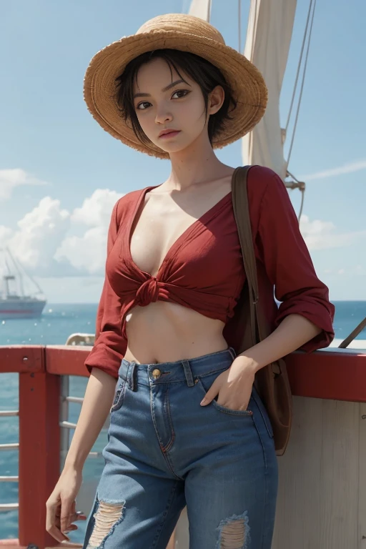 Luffy, Luffy from One Piece, Luffy when he becomes a sexy woman, big breast, monkey d luffy outfit, short ripped blue jeans, red outfit, was on the ship's deck