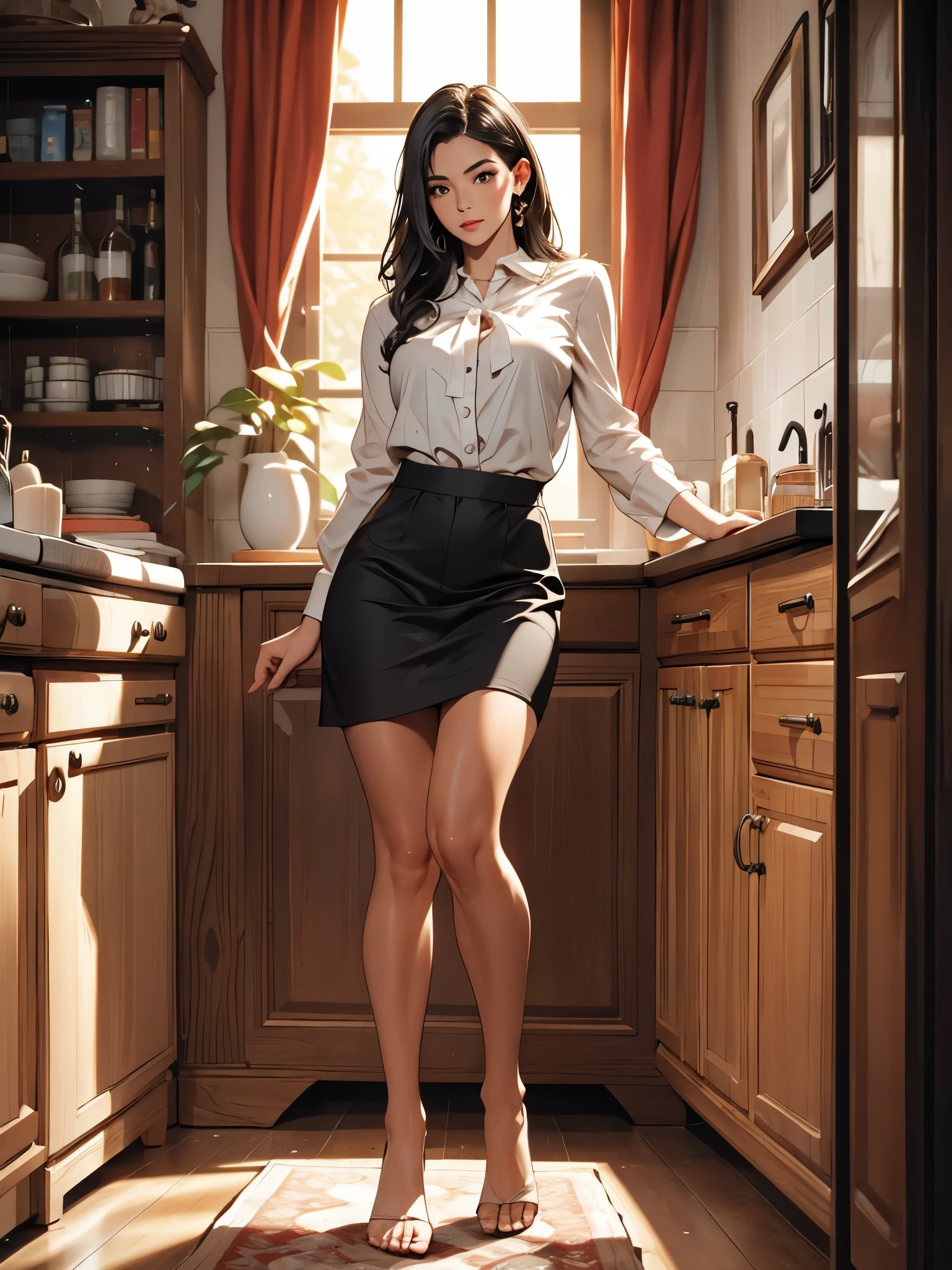 1 female, Depict the whole body:1.3, Private room, Put your feet on the stepping stool:1.3, Beautiful feet, Slender legs, Put your toes on the step:1.5, While putting on stockings:1.5, Large Breasts, Shiny long black hair, Look down, Standing with body bent, Tight skirt, White blouse, A room with closed curtains, Side view, ((Anatomically correct, UHD, masterpiece:1.2, textured skin:1.3, high details:1.1, best quality, highres:1.3))