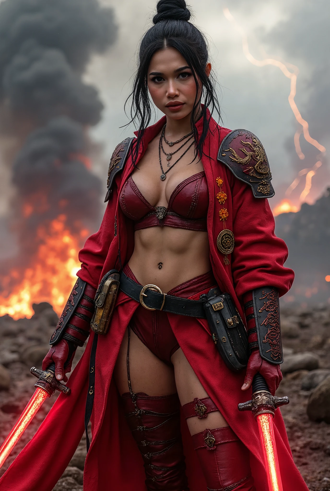 hyper-realistic scene of a rugged warrior in fusion traditional super ((Sexy Chic Outfit:1.5)) samurai and futuristic armor, (Cleavage:1.4), (saggy heavy big breast:1.5), intense battle-hardened expression, sharp features and battle scars, jet-black hair in a high woman-bun, red metallic armor with black accents and large engraved pauldrons, flowing crimson robe with Japanese symbols for 'strength,' 'honor,' and 'sacrifice,' gripping twin glowing ((katana-like swords:1.3)) with dragon-carved hilts, silver amulet and holographic tactical device, smoky war-torn battlefield with fiery ruins, dark clouds, red lightning, swirling ash and scattered debris, dramatic lighting casting shadows and highlighting sexy armor details. (half naked)