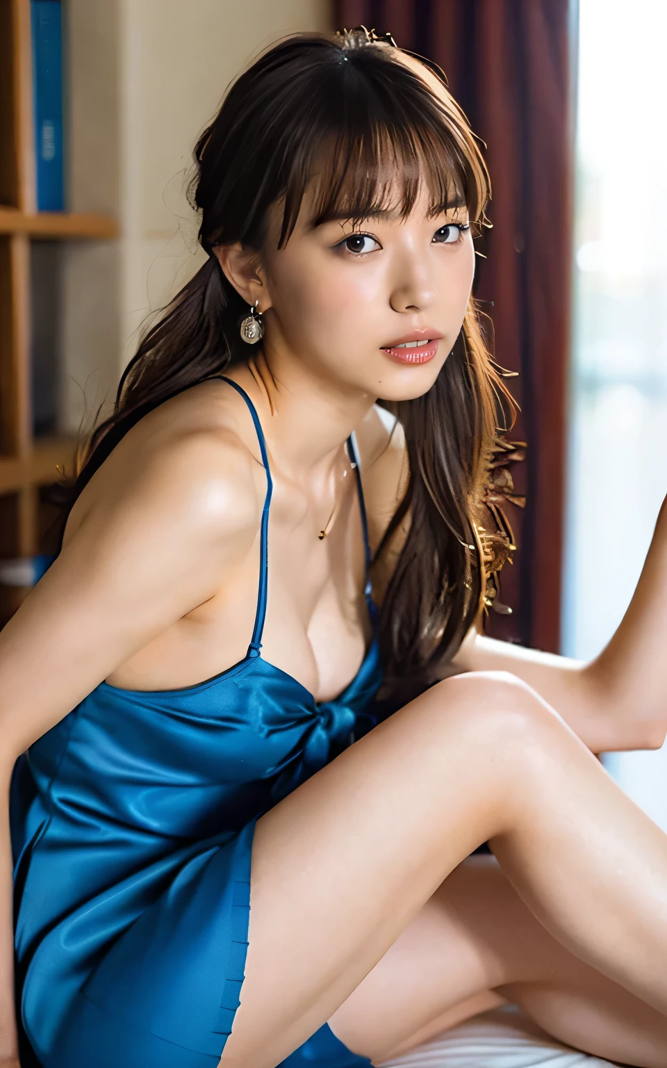 4086kbit，Attention to detail，The Truth About Skin and Skin Texture,

(Sheer blue satin dress, Wearing black stockings:1.6),

((Full Body Shot，Attractive bust growth, Below:1.5)),

((Do something naughty with me in the library, My crotch is wet, Kiss my nipples:1.6)),
((Sexy lip service, Troubled expression:1.4)),

((The large windows overlook the ocean horizon...:1.2)),

((2, Beautiful female college student, Bad lips, Sexy Body, Look to the side:1.2)),
((Small breasts, Flat Chest, My breasts are a little saggy, Please open your lips a little:1.2)),

Eye focus, Narrow shoulders, Beautiful clavicle, Thin arms, Thin legs, The back of the hand is beautiful and feminine, Slim figure, Soft belly, Narrow waist, Highly detailed face, Ultra detailed breasts, Ultra-detailed skin, White skin, Shiny skin, Ultra detailed lips, Fuller lips, Thick and soft lips, Glossy pink lips, blush, White teeth, blue eyes, Beautiful actress makeup, Dark and cute makeup, Pink lipstick, Dark Brown Hair, Delicate and soft hair, (Tie your hair up, Fluffy short bob:1.2), (Sweep your bangs to the side:1.2), (Stylish earrings,necklace:1.2),
