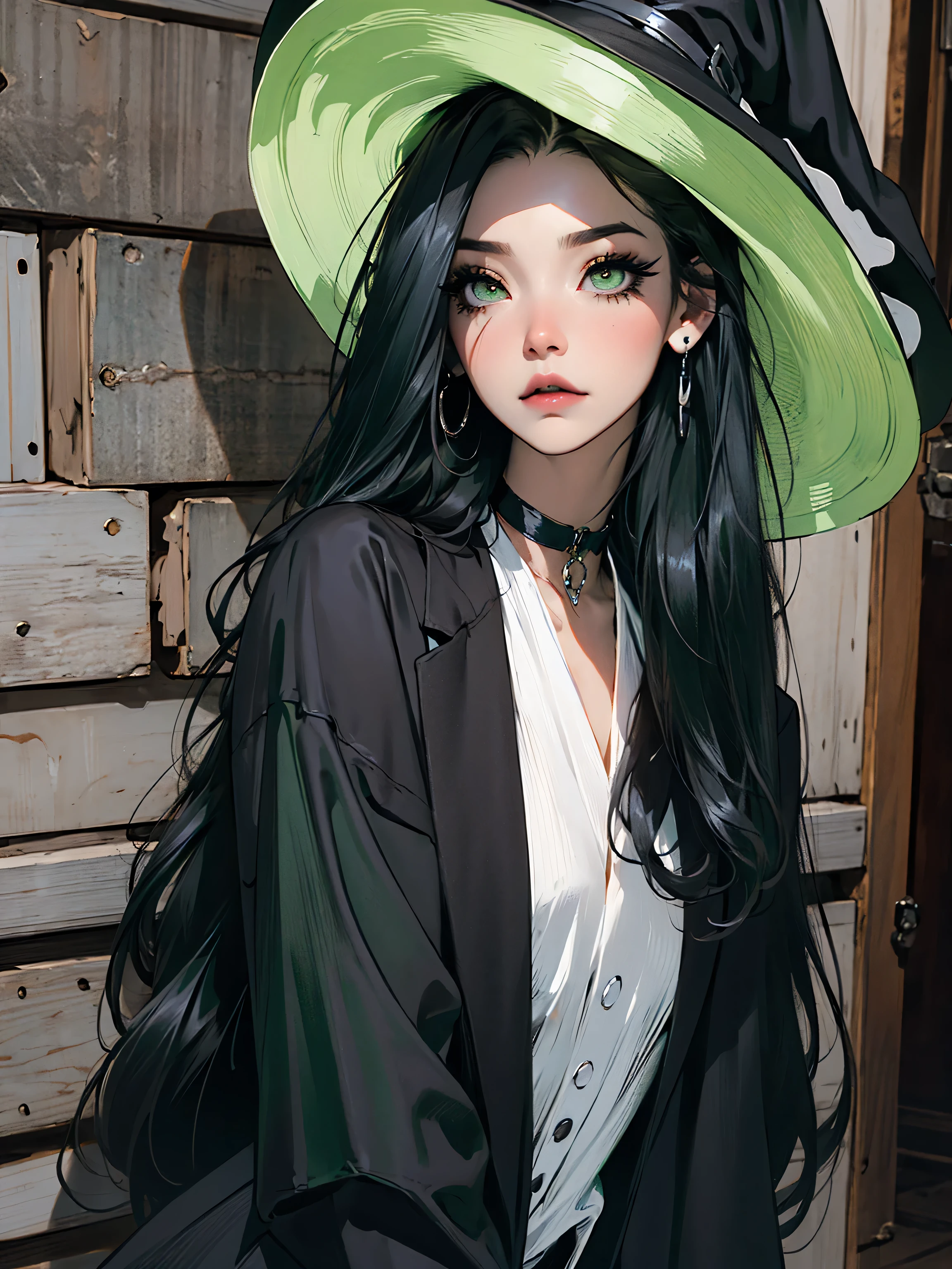 slender beautiful girl, emo_hairstyle, ((tight black suit)), (steampunk witch, witch hat, gothic), black tie, ((long hair)), ((straight hair)), (((black hair))), side swept bangs, white skin, pale, white, (green eye), tired expression, choker, ((dark makeup, mascara, eyeshadow)), multiple piercings, best quality, 8k, , erotic, ,