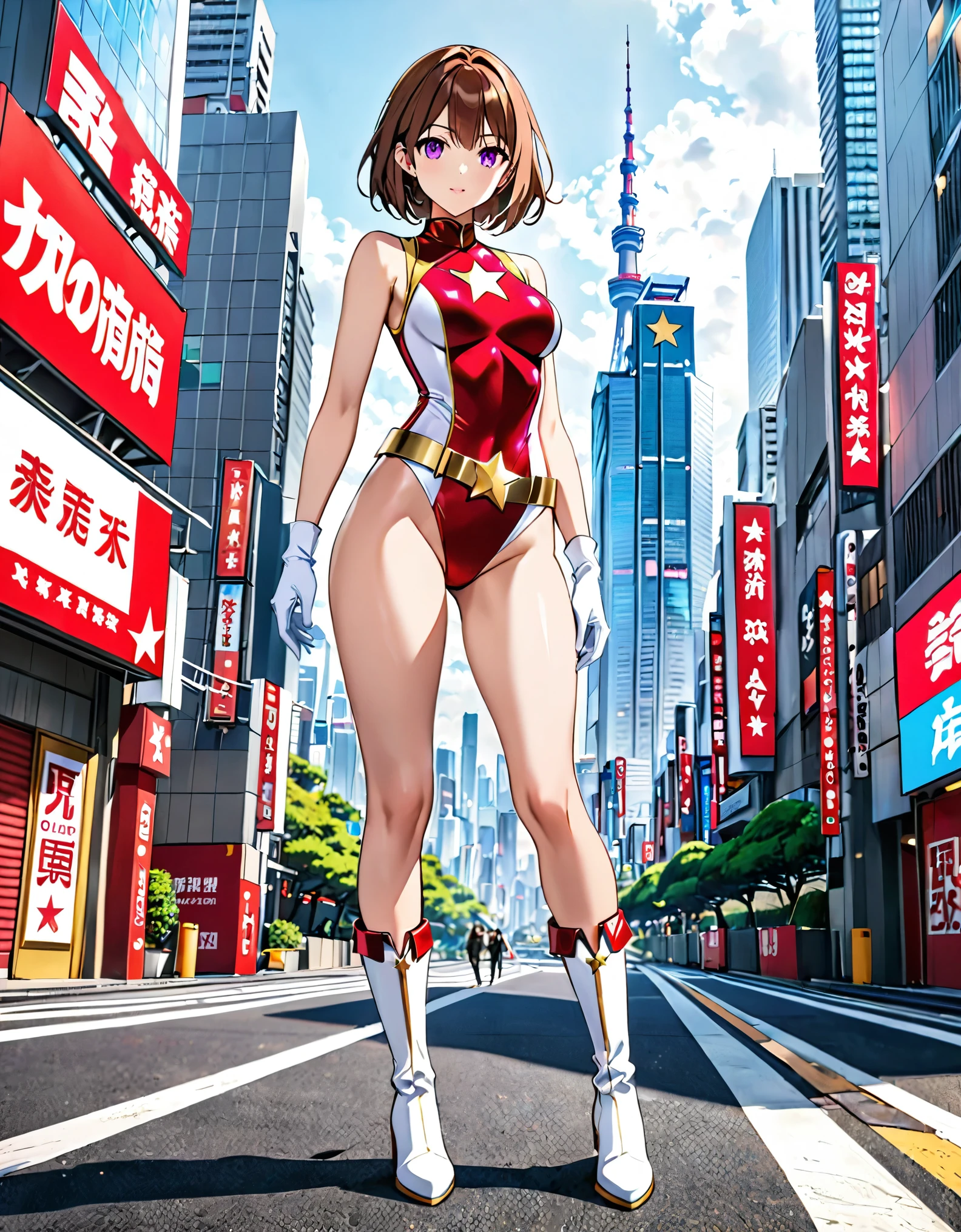 (masterpiece:1.2, best quality, high res, 4k, 8k), 1girl, adult, medium breasts, finger proportions coordination, cute and attractive woman, ((leotard, white and red leotard:1.2, sleeveless, bare legs)), ((tight belt:1.2, gold belt:1.2)), ((boots, matching boots, ankle-high boots, white boots)), ((gloves, white gloves)), city backdrop, tokyo city backdrop, solo, solo focus, standing, (full body), cowboy shot, superhero, ((beautiful detailed eyes)), ((gold star symbol on chest)), (brown hair, medium hair, bob hair, purple eyes), (perfect hands, perfect anatomy), full body costume design. fix hands.