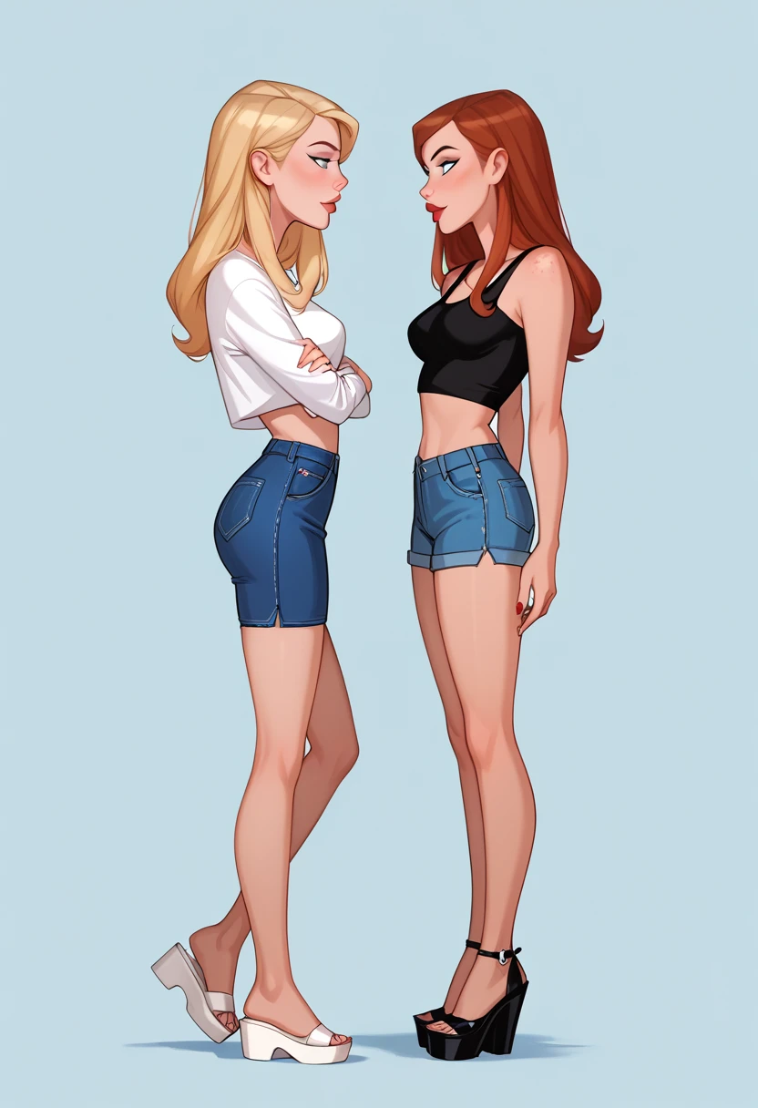 score_9, score_8_up, score_7_up, dcaustyle, source_cartoon, 2girls, duo, (Kara Zor-El, blonde:1.3) and (Barbara Gordon, reddish brown hair:1.2), wearing sexy casual clothes, midriff, wedge, flirt, gaze, sexy look, half-closed eyes, head tilt, filled lips, thick lips, makeup, side view, (full bodies in view) expressiveh d4rk01l, perfect hands, perfect proportions, simple background.