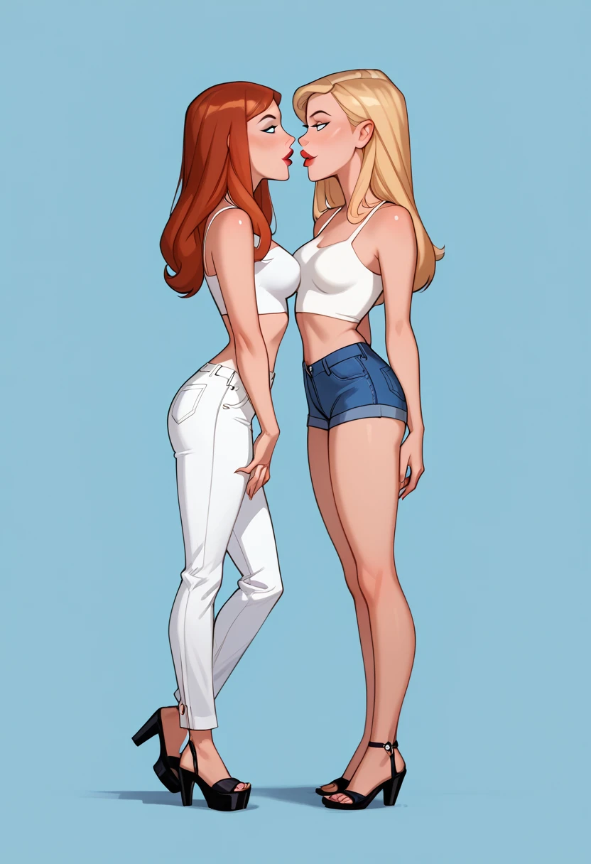 score_9, score_8_up, score_7_up, dcaustyle, source_cartoon, 2girls, duo, (Kara Zor-El, blonde:1.3) and (Barbara Gordon, reddish brown hair:1.2), wearing sexy casual clothes, midriff, wedge, flirt, gaze, sexy look, half-closed eyes, head tilt, filled lips, thick lips, makeup, side view, (full bodies in view) expressiveh d4rk01l, perfect hands, perfect proportions, simple background.