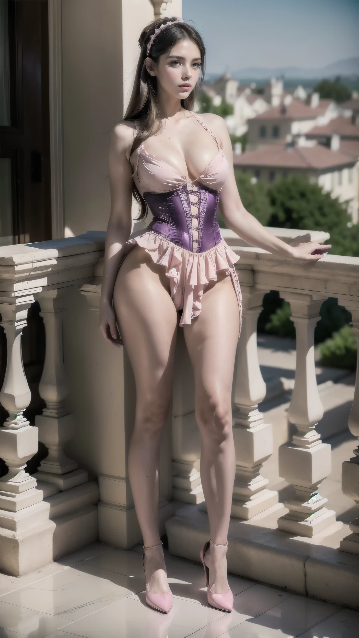 woman in pink dress posing on balcony with city in background, Ruffled outfit, fantasy costume, Elegant and glamorous Cosplay, a  maid in a magical forest, cosplay de um Catboy! maid! dress, beautiful languid princess, wearing romantic pink tutu, Amouranto, very pale, very pale skin, Bela Delfina, extremely pale, corset, 
body proportions, (Chapped lips:1.4), (blush de nariz:1.2), foreshortening, black cuts, (eye contact), High contrast, ultra high resolution, high resolution, detailed, Clean face,  (sensual face:1.5), (big purple eyes:1.2), (ultra detailed eyes:1.4), (High resolution eyes:1.1), (ultra detailed skin texture:1.4), PERSEPHONE, Persephone, Persephone, (SFW:1.5),  (full body:1.8), (upper body up:0.3), (hyper realistic:1.4), (realistic:1.3), (best quality real texture skin), Detailed eyes, detailed face