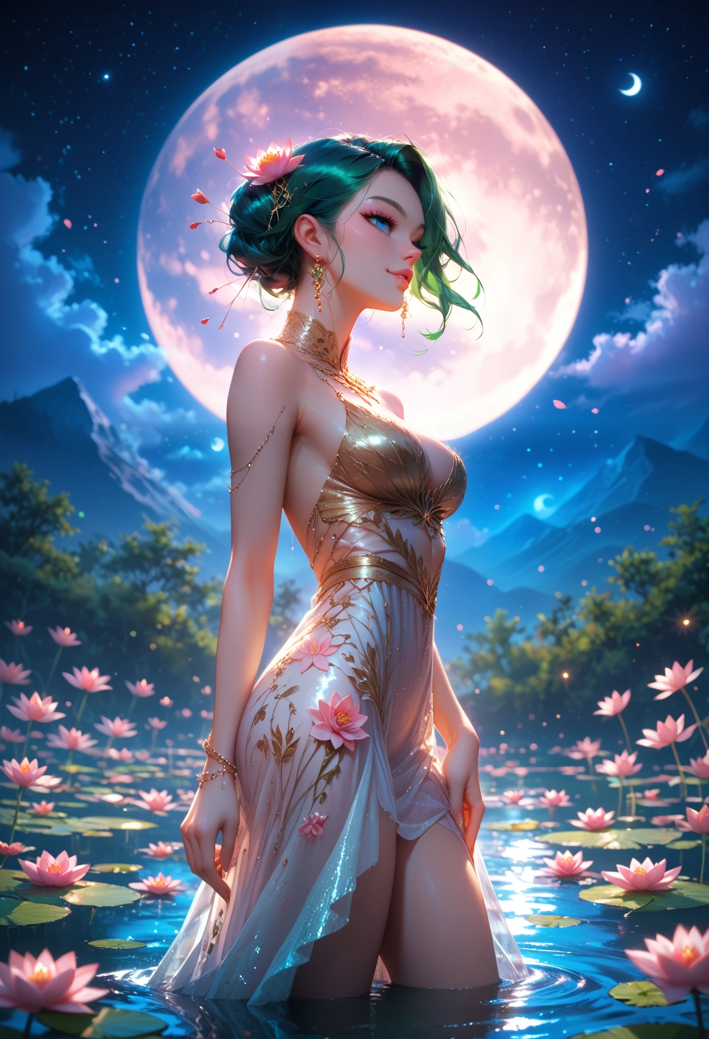 one girl, sexy, Dressed in a Tight Beautiful Transparent Dress Like Gauze, Beautiful Long Dark Green Hair, at night, only moonlight illuminates, crooked moon, mountains in the distance, beautiful big lotus flowers nearby, big red lotus flowers, running water next to it, frogs, summer full of joy, crooked moon in the sky mixed with stars, awesome wallpaper, bright lights, beautiful and handsome, movie, High detail, 8 k, masterpiece, complex details, Game of Shadows, Shine, not nsfw,