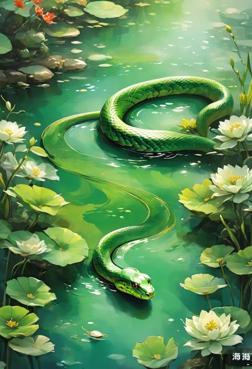 Green Snake in art. Ink painting of Green Snake swimming in a pond.