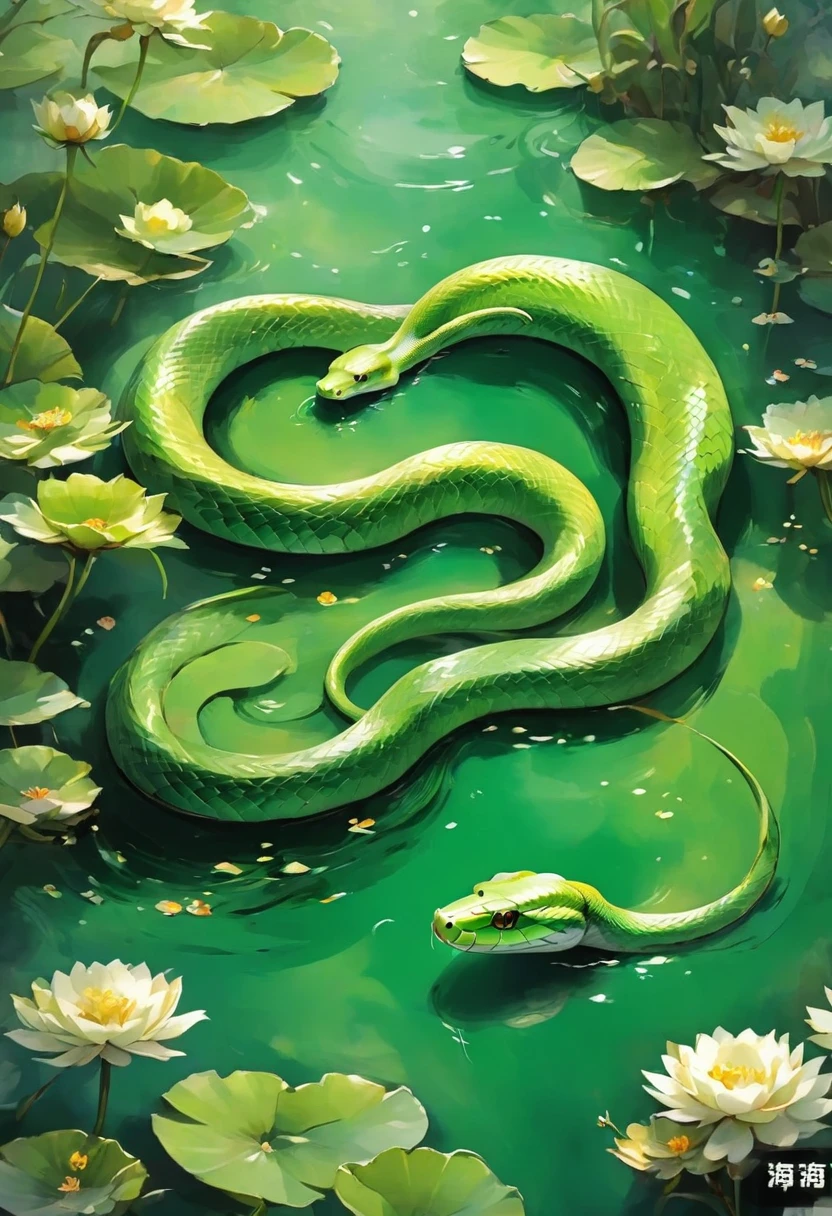 Green Snake in art. Ink painting of Green Snake swimming in a pond.