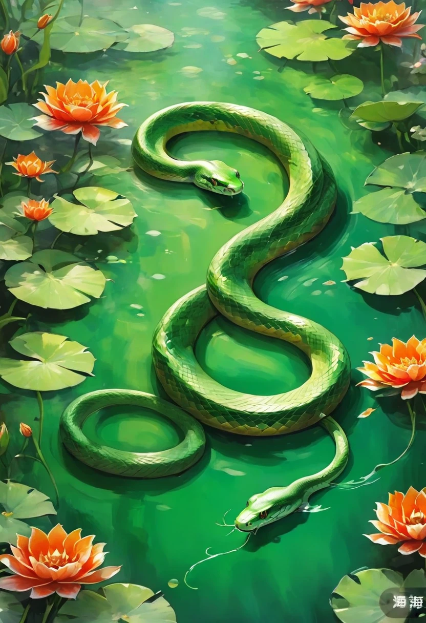 Green Snake in art. Ink painting of Green Snake swimming in a pond.