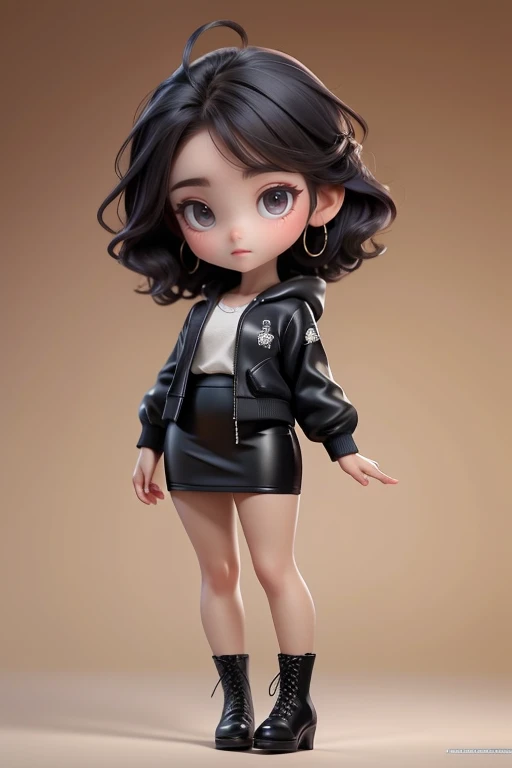 a beautiful young girl in chibi style, full body view, viewer centered, jewelry earrings, smiling, blue short hair, blushing, pencil skirt, boots, shorts, black shoes, long sleeves, black jacket, hooded, criss-cross laced shoes, gray eyes, teeth, wavy hair, blouse, (best quality,8K,official artwork,ultra-high resolution:1.2),masterpiece,realistic,highly detailed,photorealistic