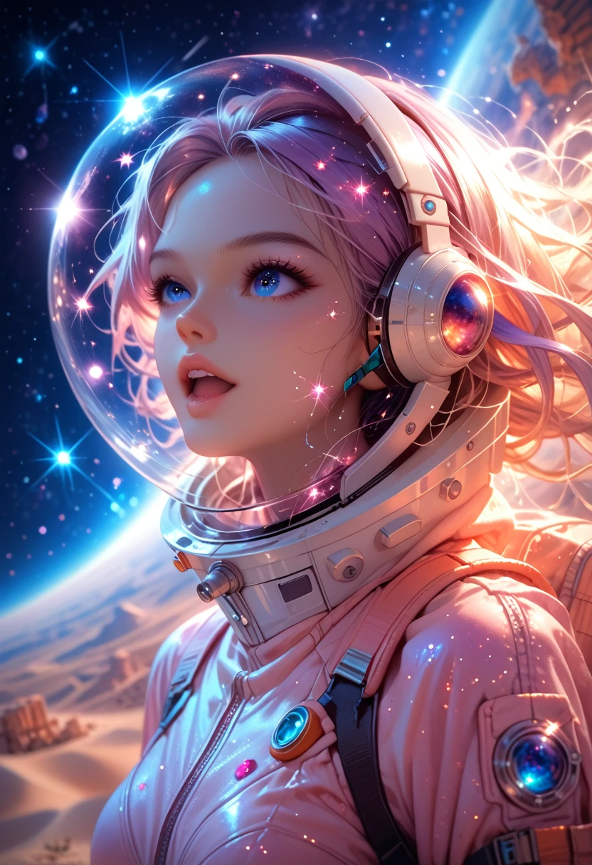 sexy, Charming, young woman, Cosmos, Open Face Spacesuit, holds a helmet in his hands, on the moon, Desert Planet, Galaxies and Stars are visible, Beautiful Captivating Colors, Shine, shadows, maximum quality, Full Detailing, SOFT COLORS, Warm Atmosphere,