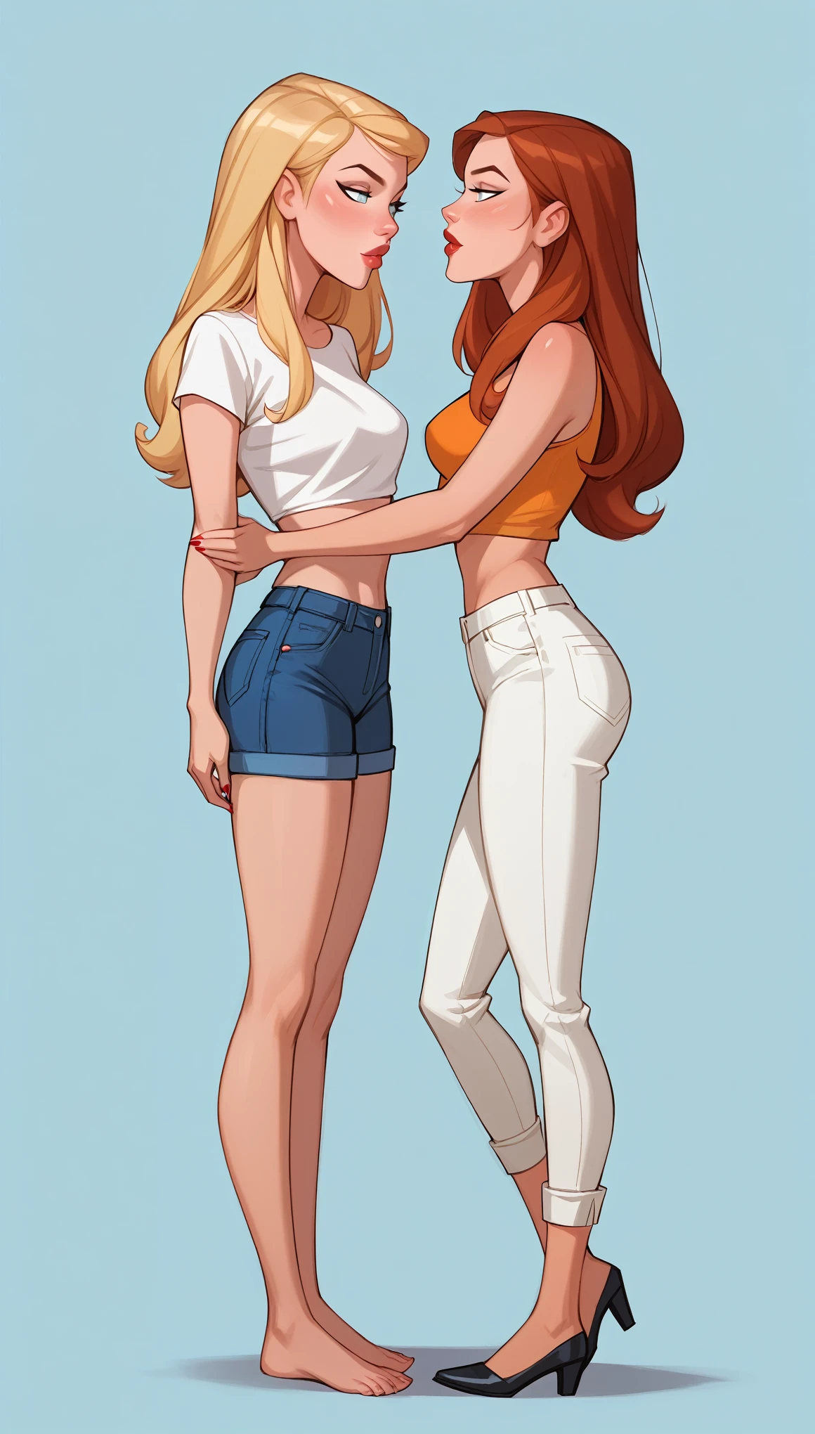 score_9, score_8_up, score_7_up, dcaustyle, source_cartoon, 2girls, duo, (Kara Zor-El, blonde:1.3) and (Barbara Gordon, reddish brown hair:1.2), wearing sexy casual clothes, midriff, flirt, gaze, sexy look, half-closed eyes, head tilt, filled lips, thick lips, makeup, side view, (full bodies in view) expressiveh d4rk01l, perfect hands, perfect proportions, simple background.