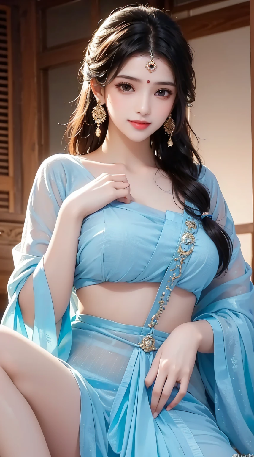 1girl, cute face,pretty face, jaw dropping beauty, cute smile, indian girl, ((indian mythology dress)),((indian mythology girl)), cute indian girl, bindi, ((beautiful bindi)), ((beautiful shiny accessories)), accessories, pony tail,((sanskari dress)), ((pure kapde)),full saree,((full light blue saree)),((full blouse)), ((ultra high detailed 1.9)),((ultra high resolution 1.9)),((ultra high quality 1.9)),(masterpiece)), (perfect lightings), (very Big breasts 1.9)), ultra huge breast , showing her cute body 