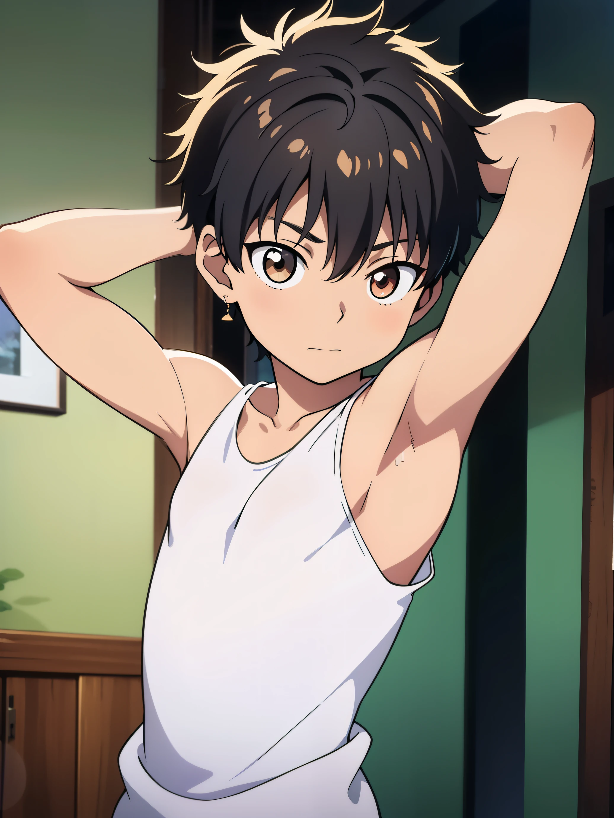 Highres, Masterpiece, Best quality at best,Best Quality,hight quality, hight detailed, Anime style, 1boy, Boy, Shota, Solo person, hansome, Messy hair, earring, Tank top, Upper body, Summer day, Laugh, Slim body, Blurry beckground, Seen from the front, (Showing armpit:1.4), (very young boy), (very small and short body), Uhd