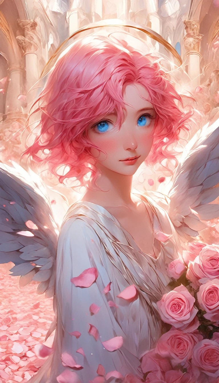 masterpiece、Best Quality、Beautiful anime angel with pink hair and blue eyes surrounded by rose petals