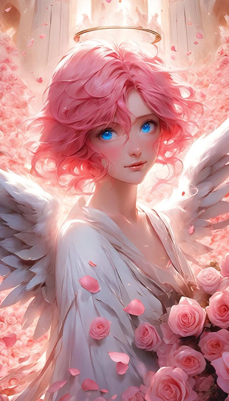 masterpiece、Best Quality、Beautiful anime angel with pink hair and blue eyes surrounded by rose petals