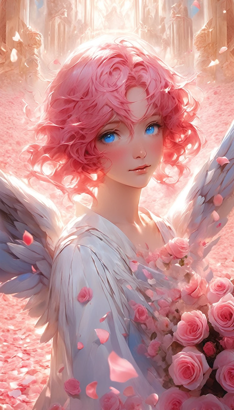 masterpiece、Best Quality、Beautiful anime angel with pink hair and blue eyes surrounded by rose petals