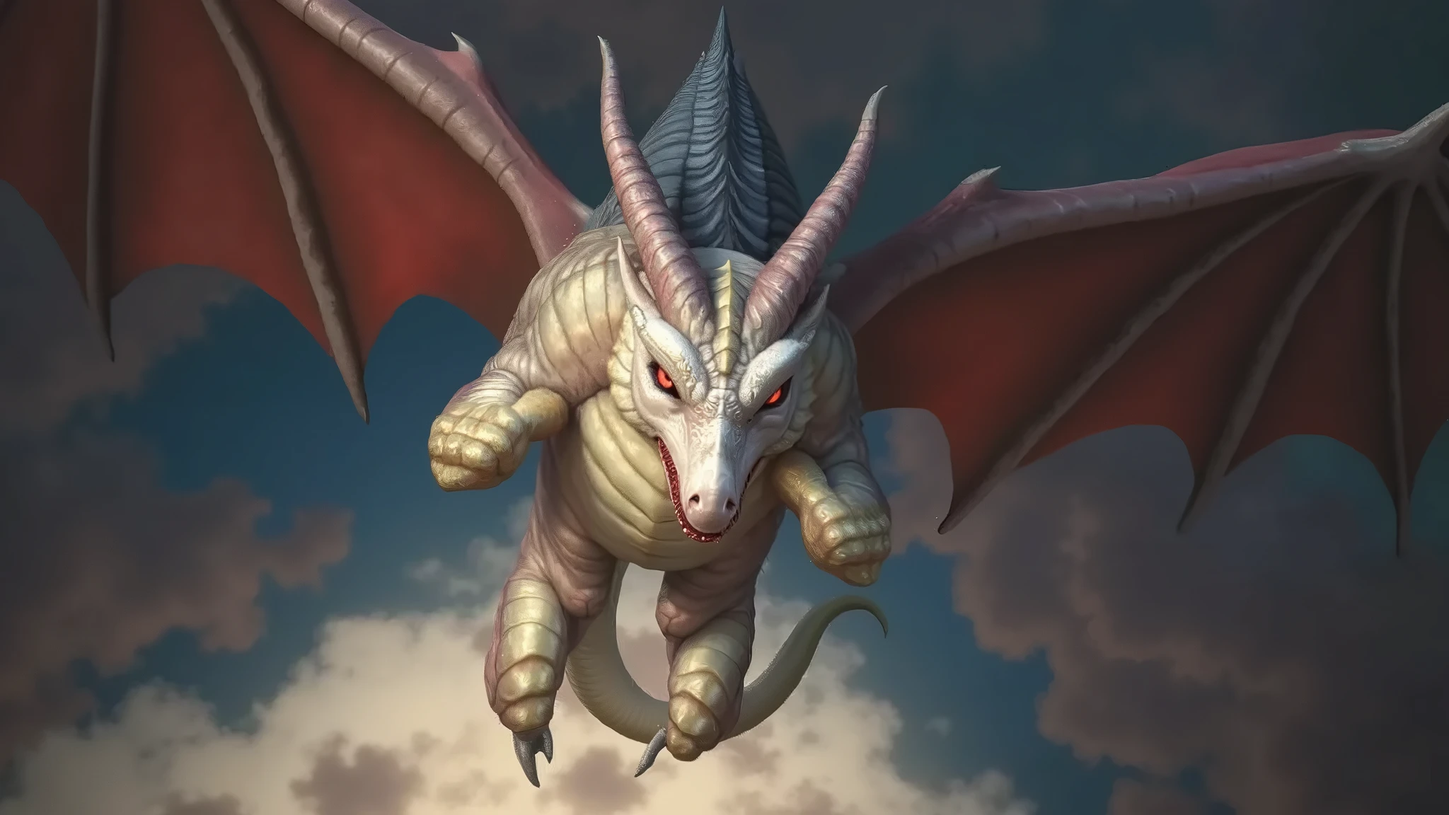 Detailed painting, by Taran Fiddler, closeup, outlook view, wide angle, dragoness, full body, feral, dainty, friendly, colorful, rounded snout, wings, pregnant-like belly, round belly, dominant belly, huge belly, bloated belly, big muscles, wide body, thick body muscles, powerfull muscles, beefy muscles, thick neck, tongue out, open mouth, saliva, hungry, voracious, glutonous, tall, enormous, giant, gigantic, colosssal size, gargantuan, kaiju, powerfull look, badass look, looking at viewer