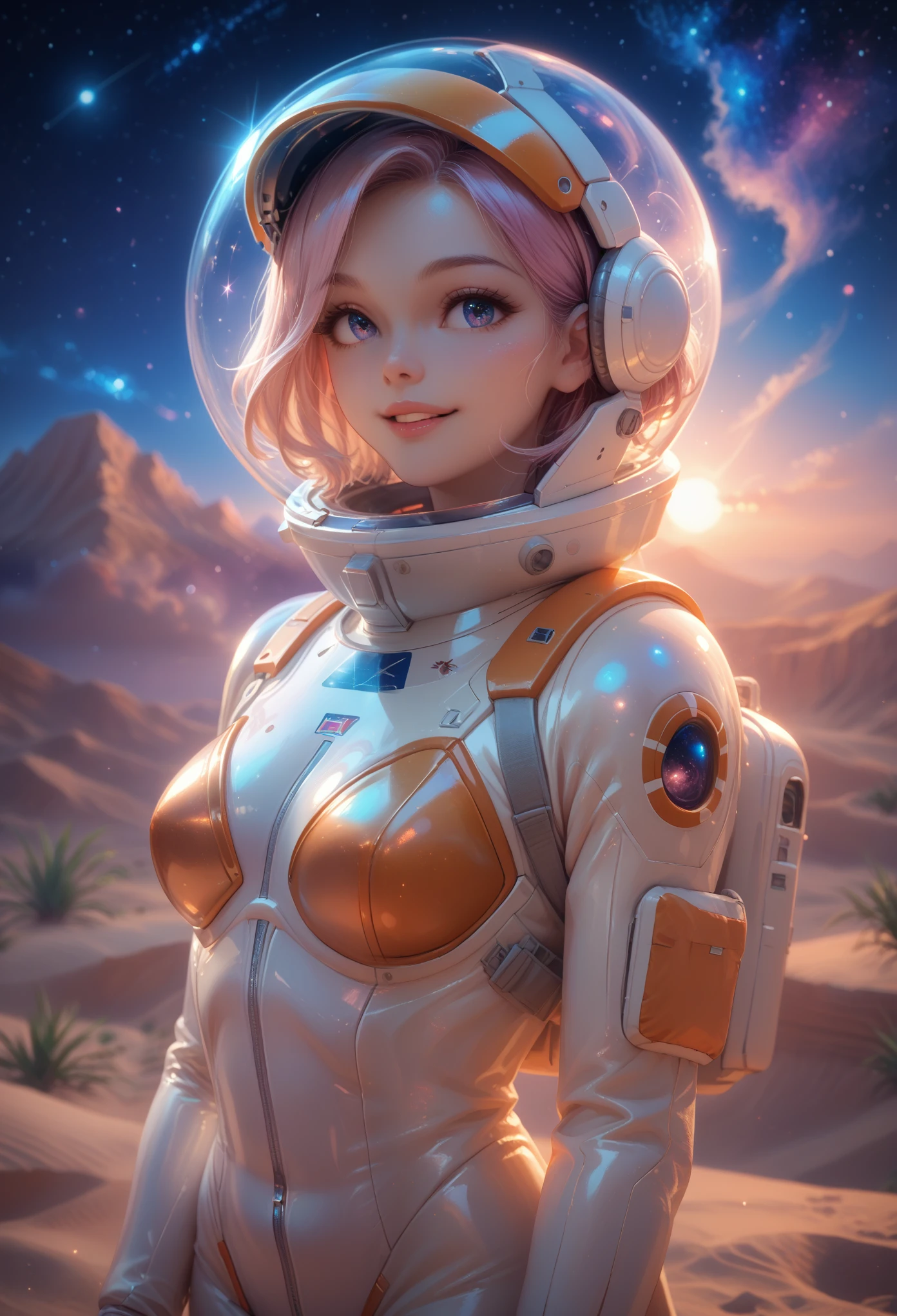 sexy, Charming, young woman, Joy on the Face, smile, Beautiful Views, stands at full height, Cosmos, Open Face Spacesuit, holds a helmet in his hands, on the moon, Desert Planet, Galaxies and Stars are visible, Beautiful Captivating Colors, Shine, shadows, maximum quality, Full Detailing, SOFT COLORS, Warm Atmosphere,