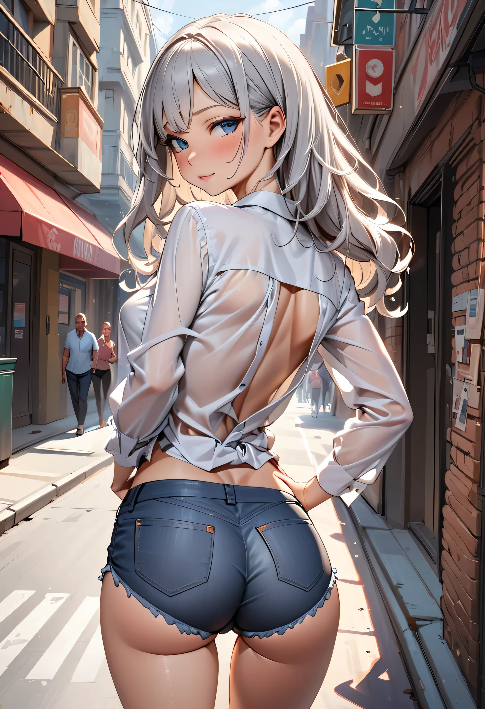 (masterpiece, highest quality, perfect anatomy, textile shading, gleaming skin, detailed skin)BREAK, 
elie macdowell, green eyes, hairband, blue ascot, hair ribbon, long sleeves, belt, pantyhose, white boots, Large Breasts, 
City Street, Dark Back Alley, BREAK,

Mouth closed, (open clothes, torn clothes:1.3), 
nsfw,(hands on chest, Lift up the skirt:1.4),(black panties visible:1.3),(pubic hair:1.2),(cameltoe:1.2),(love juice:0.7),

looking at viewer,
break (((raise ASS:1.3))),(ass focus,from behind:1.3),(looking back,all fours:1.3),

(frown:1.2),(angry:1.2),contemptuous, disdain,(hate:1.3) elegant,
(embarrassed,nose blush:1.3),(from below:1.2)