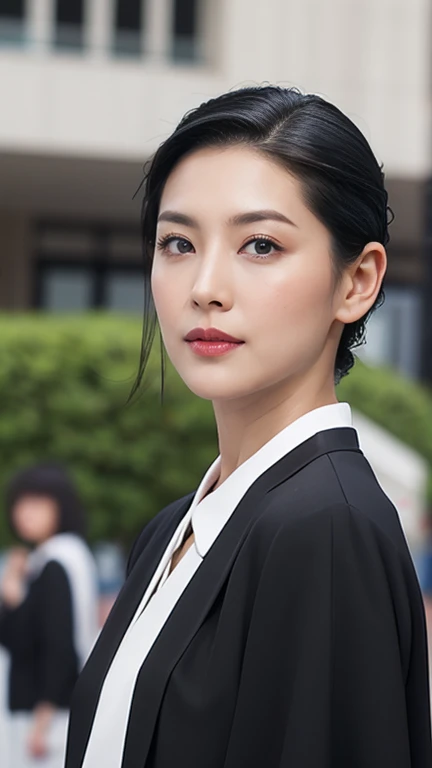 woman、criminal、Age 35、((((Black medium length hair with bangs slicked back)))), Police station in the background、suit、Slanted Eyes、Beauty、High image quality、masterpiece、Looking at this、solo、Anatomically correct、High resolution, Ultra high definition, Textured skin, suit、Front shot、Looking at the camera、まっすぐに立ってLooking at this、