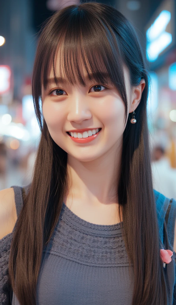 Single girl, summer, city, Osaka street, evening, city lights, medium body shot, close-up, 8k, RAW photo, highest quality, masterpiece, real, photorealistic, large breast:1.2, open shoulder, long hair, knit strap tanktop,((Looking at viewer)), High Resolution,Award Winning, Realism.