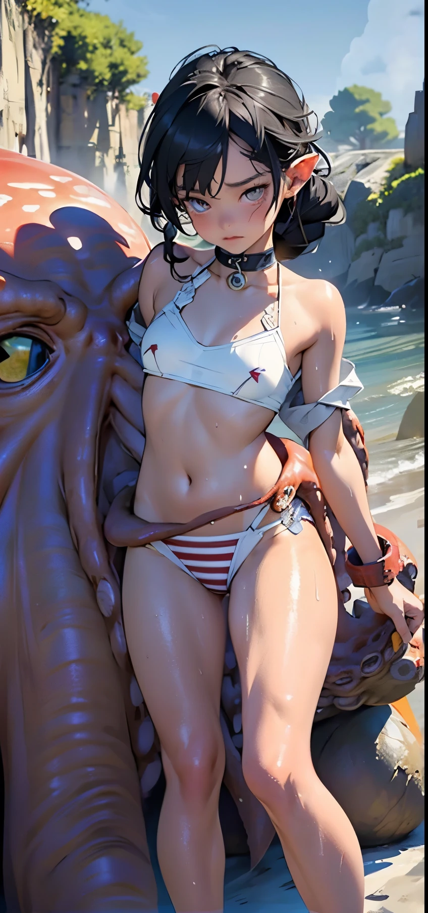 cute elf ,girl, 1girl,(((little ,tiny little body,small))),((())),((anime elf with extremely cute and beautiful black hair)),(((elf, elf ears))),
(((flat chest))),((((black hair:1.35,hair with a braid,colored inner hair,ear breathing)))),(((red_eyes:1.3))),intricate eyes,beautiful detailed eyes,symmetrical eyes,big eyes:1.5,(((lustrous skin:1.5,bright skin: 1.5,skin tanned,shiny skin,very shiny skin,shiny body,plastic glitter skin,exaggerated shiny skin,illuminated skin))),(delicate detailed fingers,detailed body,detailed arms,human hands,(detailed face)),
cute,slutty,erotic,daring,nsfw,
((red bikini:1.5,striped bikini:1.5,white and red stripes)),revealing clothing,show skin,(semi-naked),(choker,wrist cuffs),((intricate outfit,intricate clothes))),
(dynamic pose:1.0),embarrassed,(centered,scale to fit dimensions,Rule of thirds),
((Sky, Sea, clouds,)), with dark stormy clouds,((beach scenery,intricate scenery)),
(Glossy winter ornaments),highres,sharp focus,(ultra detailed,extremely detailed),(photorealistic artwork:1.37),(extremely detailed CG unity 8k wallpaper),(((vibrant colors,vibrant theme))),(intricate),(masterpiece),(best quality),(((lots of octopus)))((Octopus tentacles wrap around the body))((blush))(((wet with sweat))), смущение, высокая детализация, Octopus tentacles around the waist, разрыв между бедрами, красивые бедра,