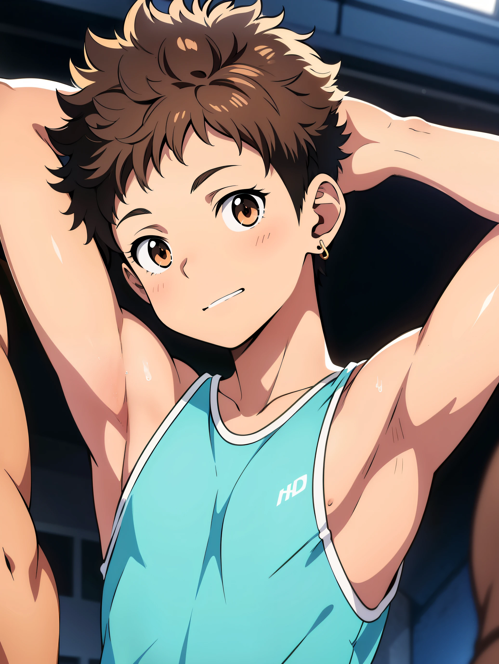 Highres, Masterpiece, Best quality at best,Best Quality,hight quality, hight detailed, Anime style, 1boy, Boy, Shota, Solo person, hansome, Messy hair, earring, Tank top, Upper body, Summer day, Laugh, Slim body, Blurry beckground, Seen from the front, (Showing armpit:1.4), (very young boy), (very small and short body), Uhd