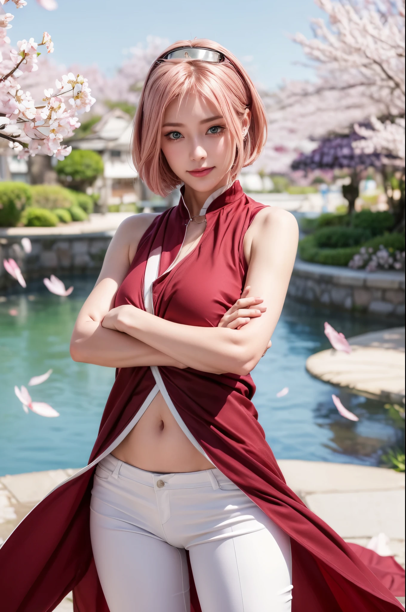 marin kitagawa,
(1),
(Haruno Sakura cosplayer in naruto anime),
(masterpiece, best quality:1.2),
(Short pink hair:1.1),
(Windblown hair),
(Wind, fluttering hair:1.1),
(brittle mark on forehead, red hair tie:0.9),
(Double eyelids),
(Makeup: 0.9),
(Perfect face. Delicate face),
(Jewelry, necklace, earrings),
(White skin),
(sexy body),
Perfect body.
(sleeveless red dress, white pants, navel visible),
(Slim waist),
(Beautiful body, Raised arms),
(Dynamic Low Angle, Beautiful highlights).  ((Flirtatious facial expression smiling happily:1.1)),
((Medium firm breasts:1.4)),
((Cleavage)),
((Cameltoe)),
((Proud of her body shape:1.1)),
(Realistic background, cherry blossom garden:1.3),
(Staring at the viewer),
(Detailed face),
(Proudly, Pull your chin in, A confident girl shows off her body shape),
(Over-lighting),
(Beautiful fashion showing belly, and bare feet)
(Breast flash, Rough skin),
((Beautiful brown eyes)),
(Delicate and beautiful eyes, Beautiful eyes with light、Shiny hair、Reflective eyes、Embarrassing),
(Red face:1),
(8k wallpaper, Full thickness photo、Reflected light, Most detailed、Complex, Smooth background、Rough skin、Smooth skin), (Super resolution),  Chirarizum, (whole body, whole body, body type).