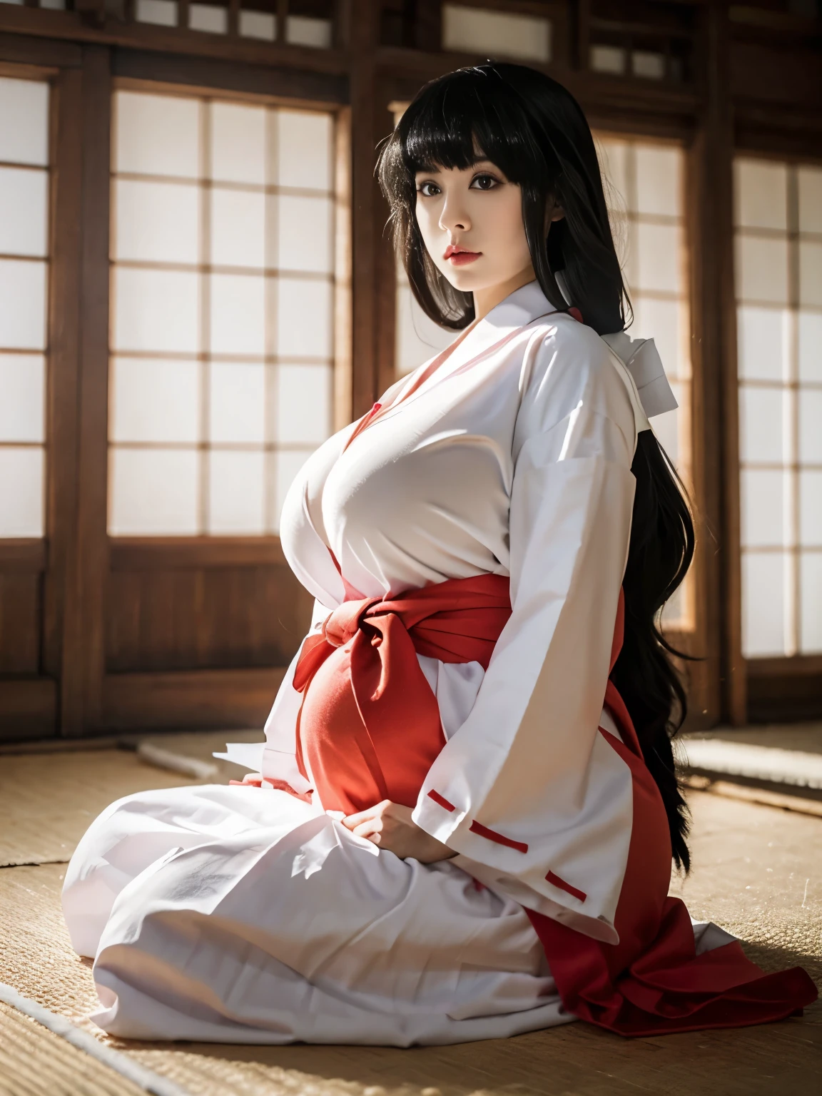 (masterpiece:1.25, highest quality:1.25), 16K HDR, 8K wallpaper, ultra high resolution, professional lighting, cinematic lighting, perfect RAW photo, 1 girl, alone, long hair, ultra realistic photo of Kikyo Miko, (kimono, red hakama, wide sleeves, long sleeves, ribbon-trimmed sleeves), (extremely ultra huge natural breasts:1.4, extremely ultra huge natural cleavages:1.4, extremely ultra huge natural boob:1.4, extremely ultra huge natural tits:1.4), (indoors, ultra realistic interior of abandoned Japanese temple, ultra detailed interior of abandoned Japanese style temple, wooden floor, sitting on floor), (close up angle, zoom up angle), (nsfw:1.5), front view, look at viewer, (pregnant stomach:1.1), sitting on Tatami, 