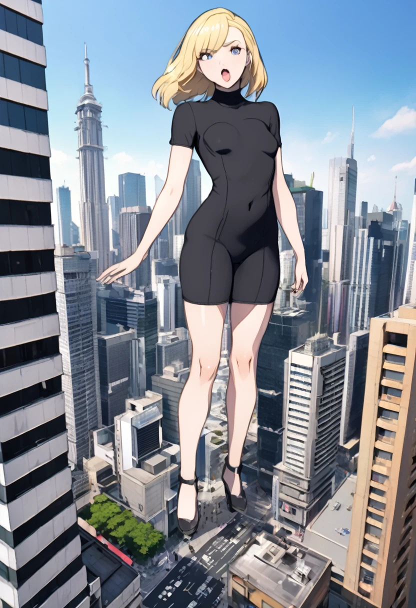 1 girl, standing, ((Istar from Fate)), (((female giant))), Giantess art, Giantess, The girl is 50 meters tall, ((Full body shot)), ((Istar)), ((Cameltoe)), 1 anime girl, ((Blonde hair)), perfect hands, standing in the middle of an modern miniature city, towering over modern buildings, ((Standing)), ((Looking at viewer)), ((Front footage)), ((Perfect legs)), ((thick thighs)), ((Huge ass)), standing over modern miniature city, in the middle of a tiny modern city, a girl taller than modern buildings, standing between modern buildings, ((Open mouth))