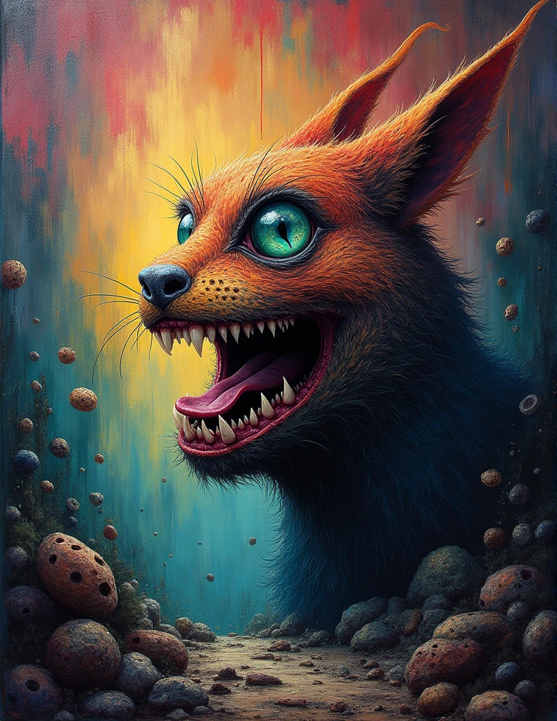 The wolf's head is a skull with black fur and the belly is green fur. It has a shark's tail with two penises extar cum