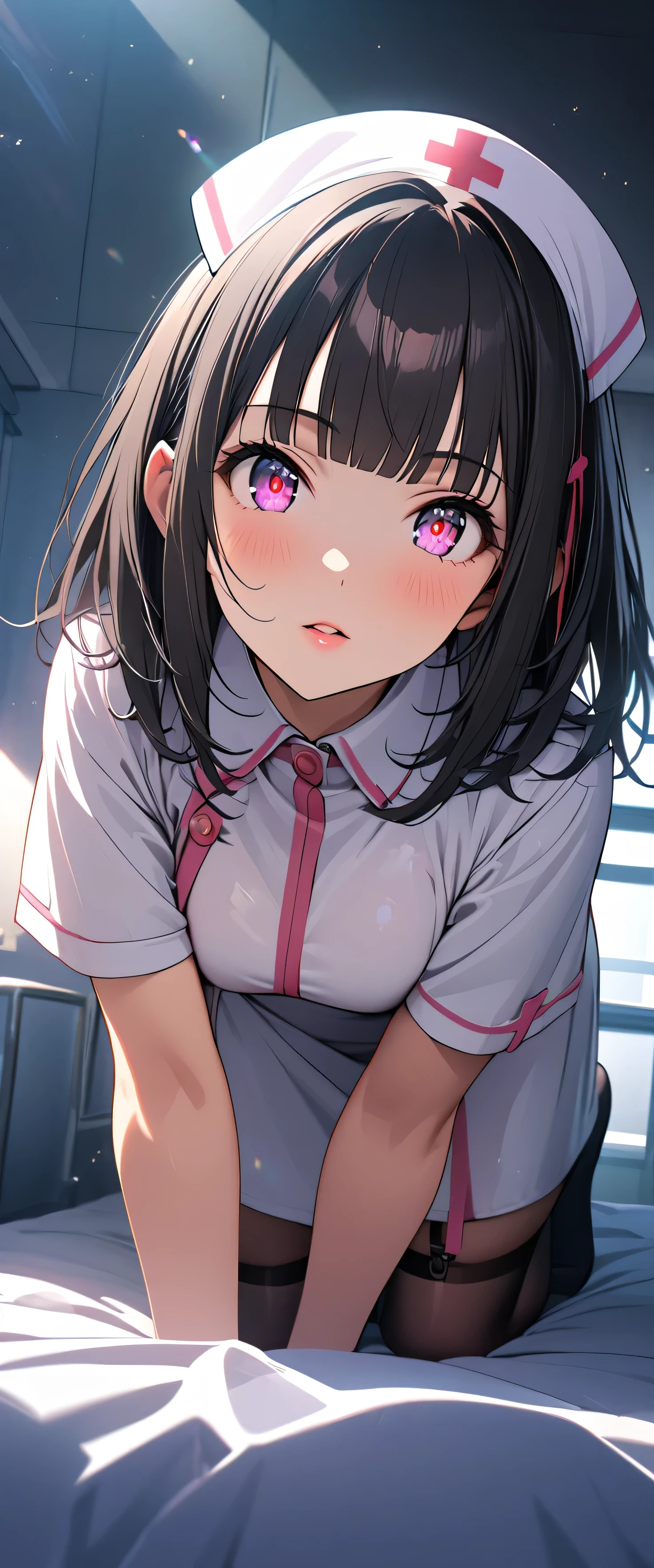 (beautiful girl: 1.3),1girl,masterpiece,Highest quality,Ultra-high resolution,rich contrast,super high quality,8k,Highly detailed CG unit wallpaper,texture,Incredibly absurd,RAW Photos,Highest quality anime,Depth of Field 1.2,Ultra-detailed eyes,Glowing Skin,Glitter effect,Beautiful glossy lips,(blunt bangs,medium hair,Black Hair),赤い瞳,nurse uniform,white nurse uniform,大きい胸,大きくて丸いお尻,(knee-high socks),zettai ryouiki,garter straps,Hospital bed,(from behind:1.8),(Gazing-into-the-Distance:1.3),(((all fours))), 