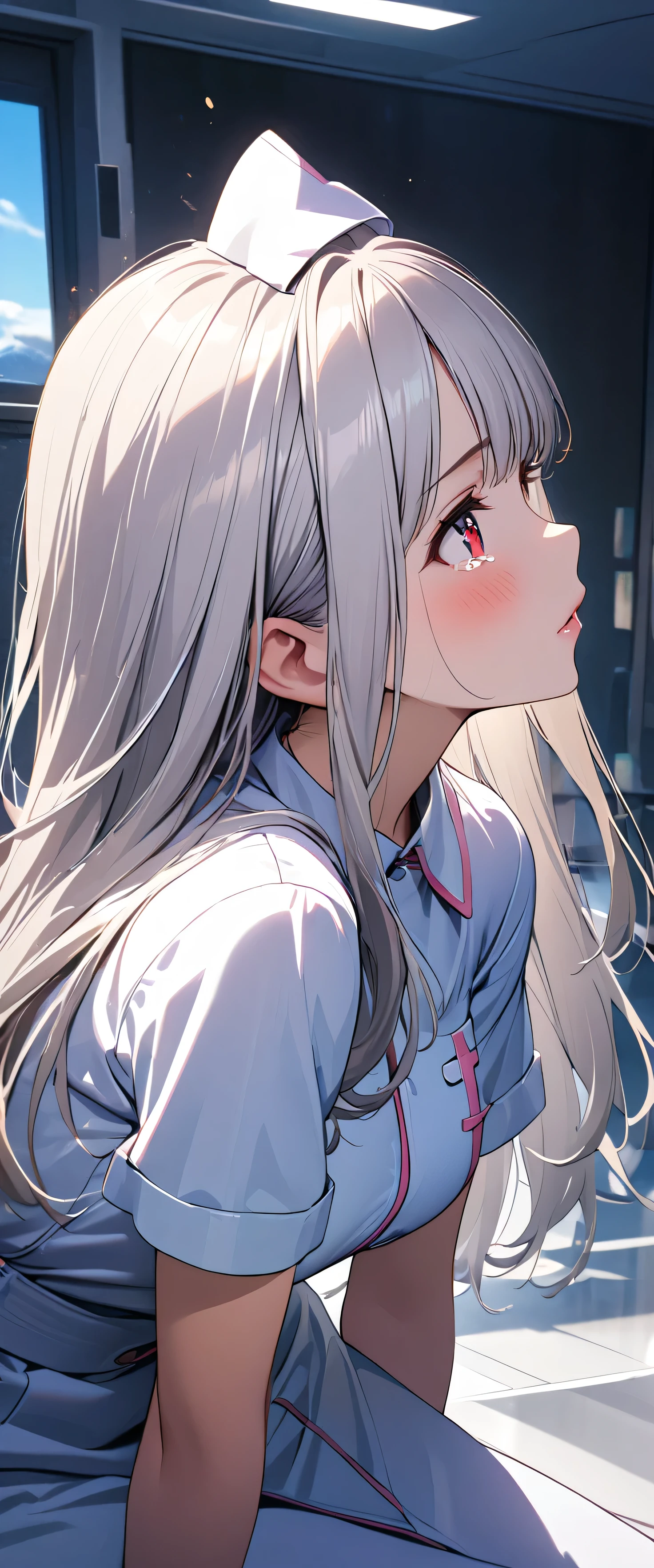(beautiful girl: 1.3),1girl,masterpiece,Highest quality,Ultra-high resolution,rich contrast,super high quality,8k,Highly detailed CG unit wallpaper,texture,Incredibly absurd,RAW Photos,Highest quality anime,Depth of Field 1.2,Ultra-detailed eyes,Glowing Skin,Glitter effect,Beautiful glossy lips,(Silver-white hair,Long Hair),Red Eyes,nurse uniform,Nurse working at the hospital,white nurse uniform,Large Breasts,Big Round Ass,Sit and pose,(((cry))),Embarrassing,blush,Leaning forward,Looking up,Tilt your head,(profile:1.5),overlooking,(magnificent panorama view:1.3),
