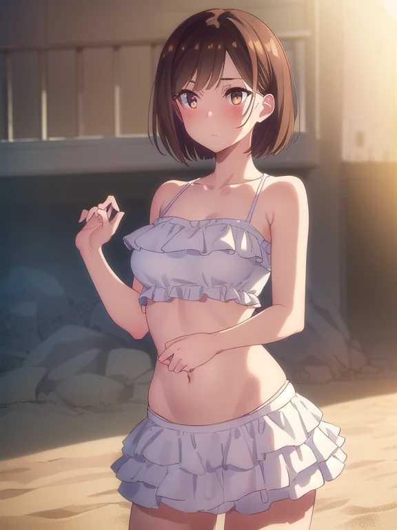 ((Long Bob:1.5, bangs, Brown Hair)),((Swimwear, White Bikini, Frills, mini skirt)), ((Blushing,A look of shame)),mizuharachizuru, Chizuru Ichinose, solo woman, (Brown eyes:1.5),(Blue Sea ,White sand beach ,Bright sunlight), crowd, people々,looking at viewer,(Cowboy Shot:1.5),(masterpiece:1.2), Best Quality, High resolution, Unity 8K Wallpaper, (Illustration:0.8), (Beautiful detailed eyes:1.6), Highly detailed face, Perfect lighting, Highly detailed CG, (Perfect hands, Perfect Anatomy),