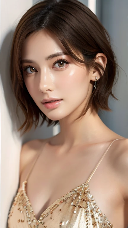(top-quality,8K,masterpiece),
Realistic skin texture,
30 years old mature woman.a small face,
no-makeup,fullnude,
Colossal tits,Short hair showing cleavage,dark brown hair