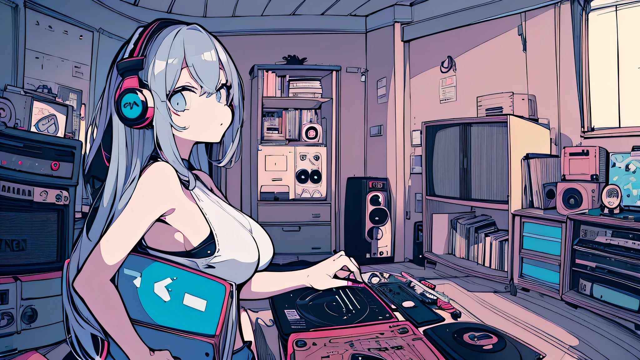 Best quality, (masterpiece), best detail face,1 girl, natural breasts, 18 yo, 8k,absurdres,unity 8k wall paper,(extremely detailed:1.3), highest realistic, (retro headphones:), (soft neon light:), (psychedelic), Her room full of music equipment and records, sports wear , See the whole room , dark grey color pallet, silver hair, pony tail hair
