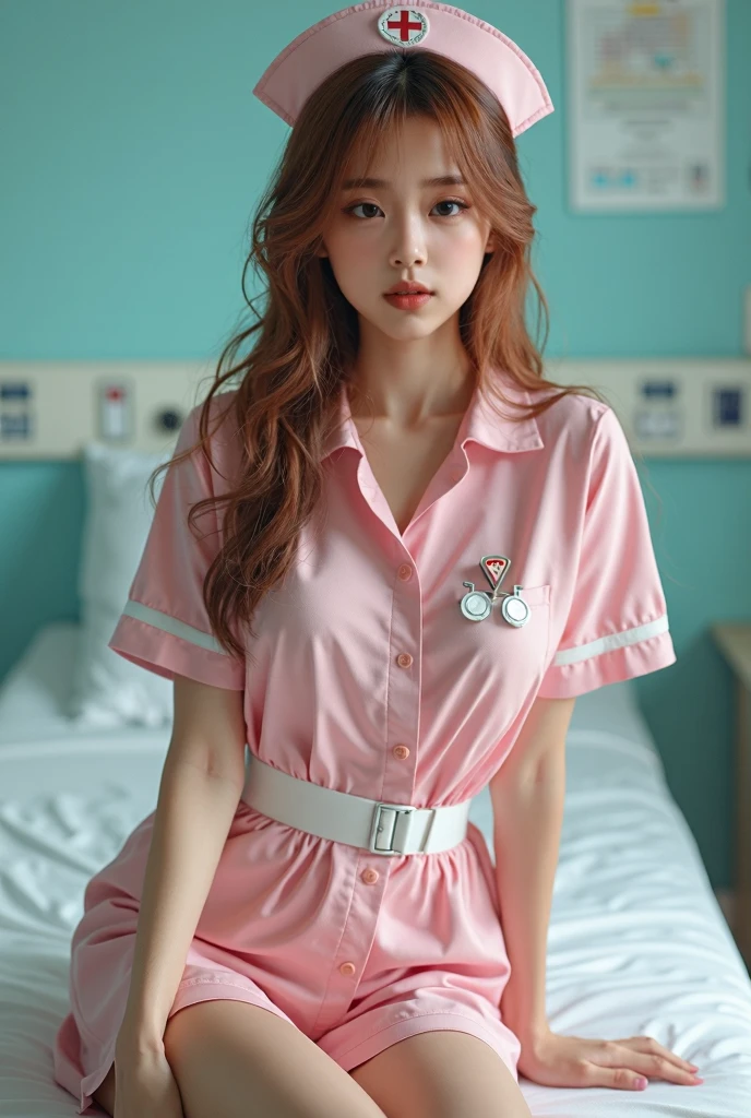 8K ultra hd, masterpiece, ray tracing, a girl, good face, ulta long hair, brown hair, realistic hair, nurse, nurse dress, smooth light, happy, cute, whole body capture, sitting pose, photo Realistic,