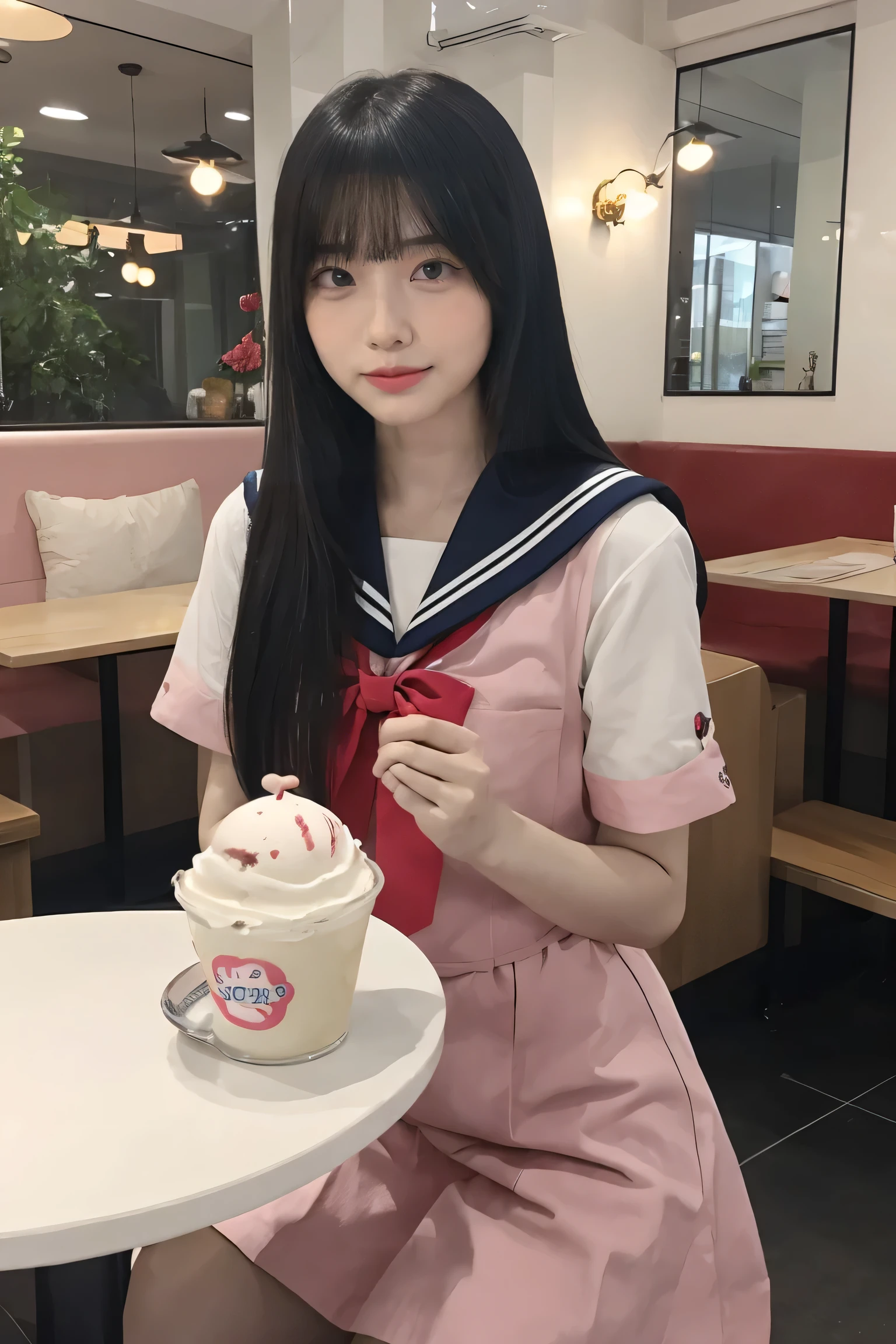 Ergonomic, Japanese idol, wearing sailor suit, Japanese uniform, eating ice cream, very happy, trying to be cute, straight black long hair, bangs, in the maid cafeSuper cute girl, playful expression, cute as a dream, cute cafe, pink cafe