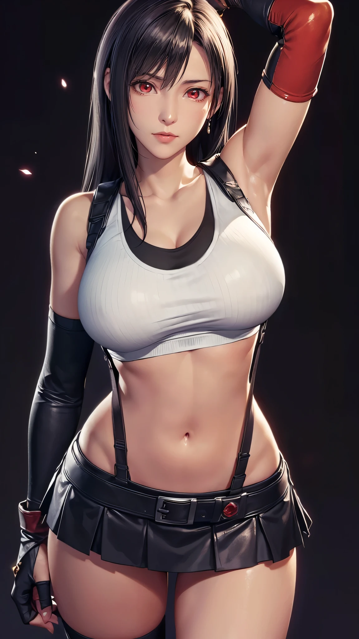 (（（figure，御姐figure,White and tender skin,（（（belt,  collarbone, crop top, elbow gloves, elbow pads, gloves, low-tied long hair, midriff, navel,  skirt, stomach, suspenders, Tank top, ）））,(（（Tifa Lockhart，red eyes，black hair，long hair））),((masterpiece)),highres,((Best quality at best)),masterpiece,quality,Best quality,(（（ Exquisite facial features,Looking at the audience,There is light in the eyes, happy，cheer））），Big breasts，Arm up, armpits,Black background）））