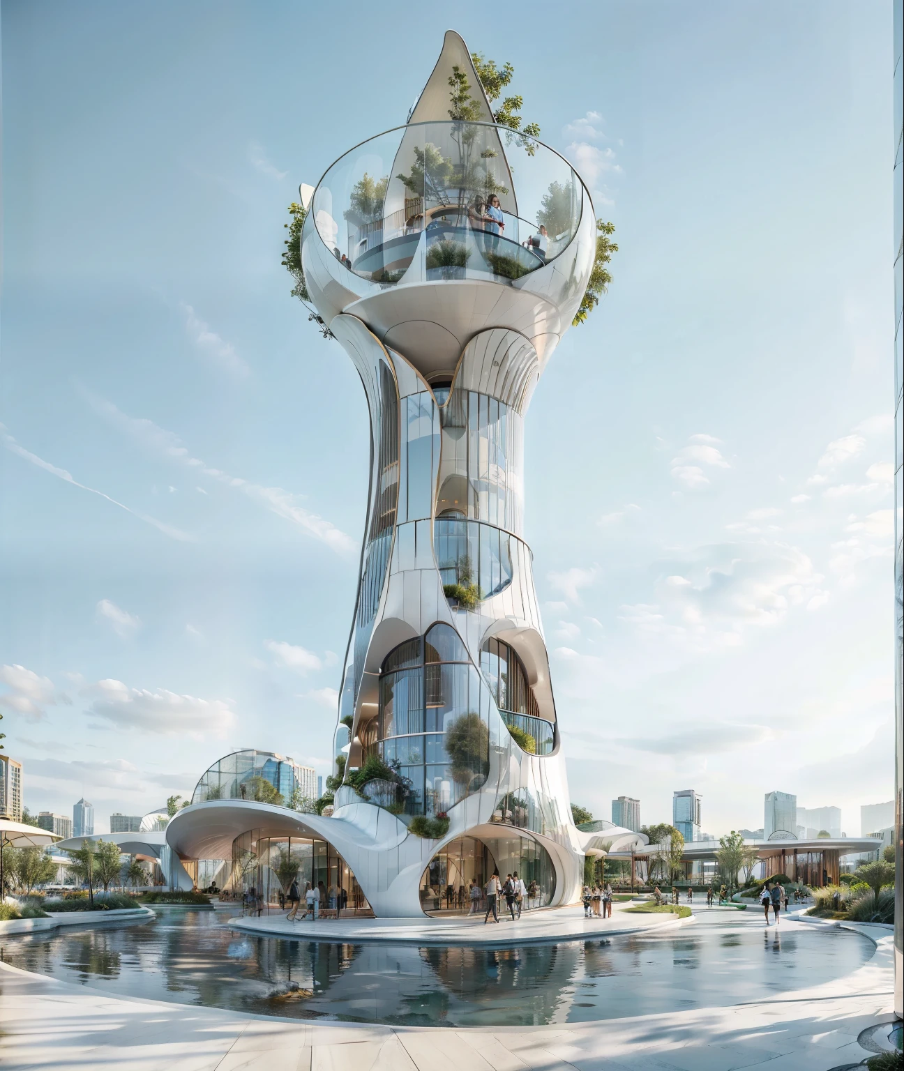 skyscraper by BIG, Realistic. people on walkways, gardens, green areas, small circular pools, people on the ground around plaza, people walking. water droplet patterns for façade