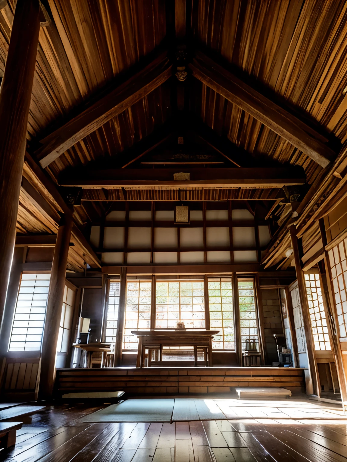 (masterpiece:1.25, highest quality:1.25), 16K HDR, 8K wallpaper, ultra high resolution, professional lighting, cinematic lighting, perfect RAW photo, (indoors, ultra realistic altar:1.5, ultra detailed altar:1.5, ultra realistic interior of old Japanese shrine, ultra detailed interior of shabby & messy Japanese style shrine, wooden floor), 