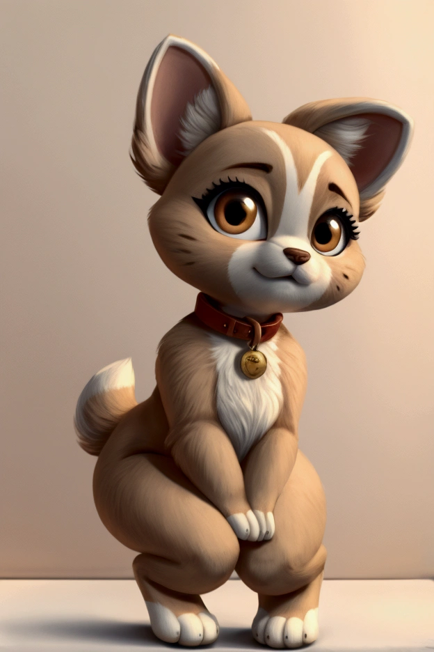 Small slim female stuffed dog with nice big thighs and brown and cream colored fur and cute brown eyes and she is wearing a full body collar and is a toy and has life.